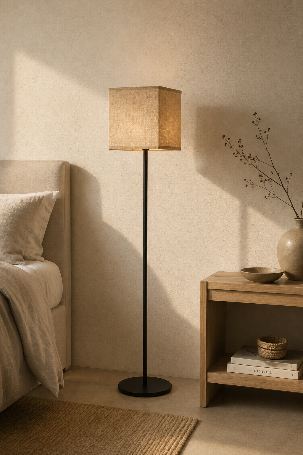Abat-Jour Lampe de Chevet en Tissu Design Beige Carré – Yuna Éclat