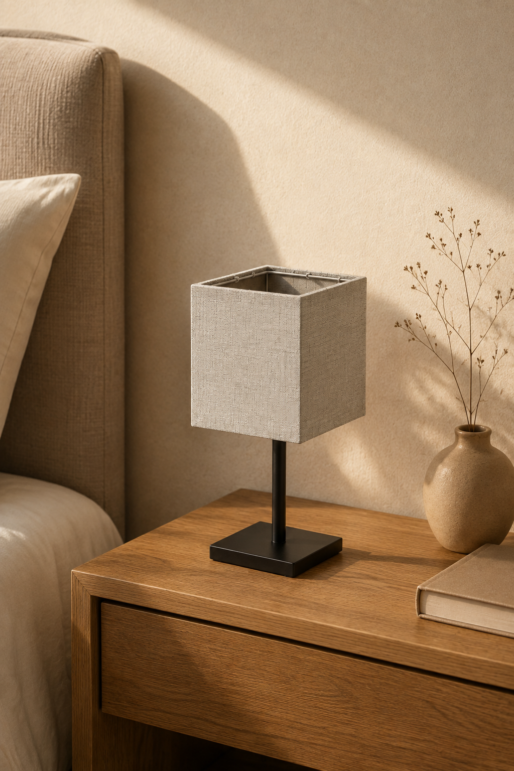 Abat-Jour Lampe de Chevet en Tissu Design Blanc Cassé Carré – Yuna Muse