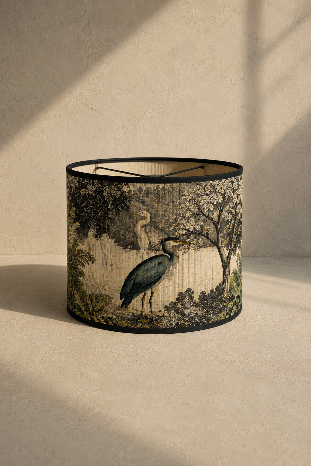 Abat-jour tambour Aster Nacre en bambou à motif végétal beige et vert